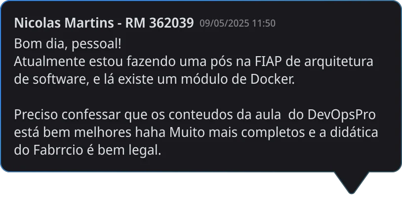 Comentário de aluno na plataforma do DevOps Pro