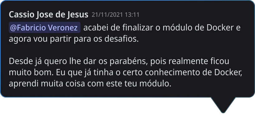 Comentário de aluno na plataforma do DevOps Pro