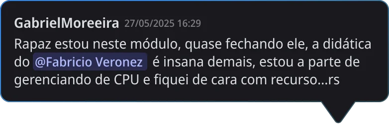 Comentário de aluno na plataforma do DevOps Pro