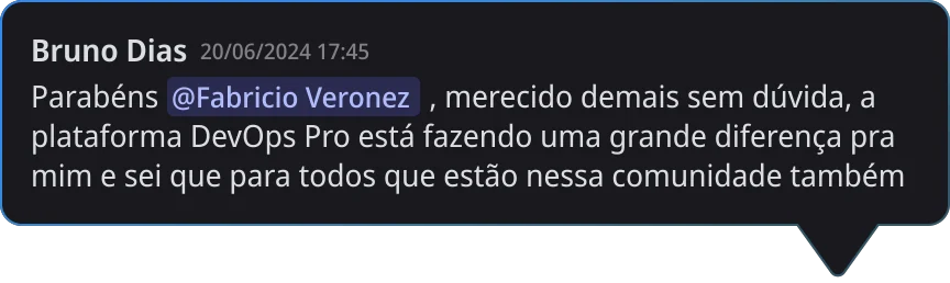 Comentário de aluno na plataforma do DevOps Pro